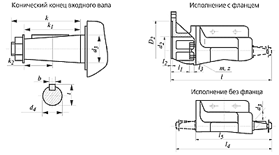 Размеры концов выходного вала редуктора Ц3ВКф-100