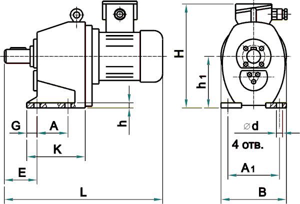 Габаритные и присоединительные размеры мотор-редуктора МЦ2С-80 для исполнения на лапах