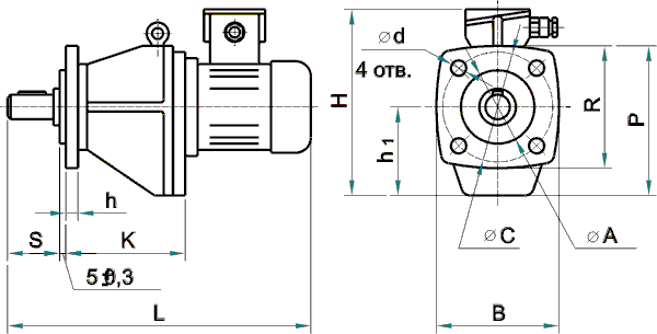 Габаритные и присоединительные размеры мотор-редуктора МЦ2С-80 для фланцевого исполнения